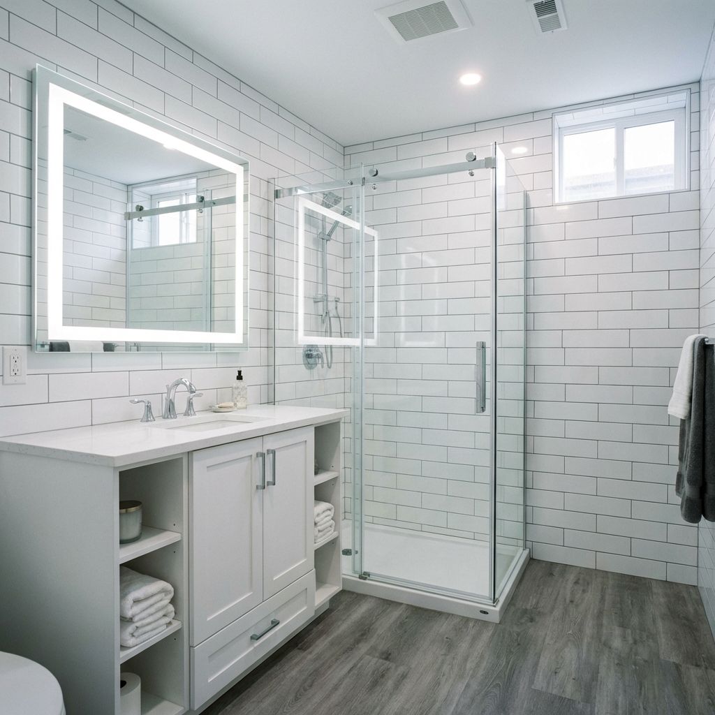 Modern compact basement bathroom with subway tile