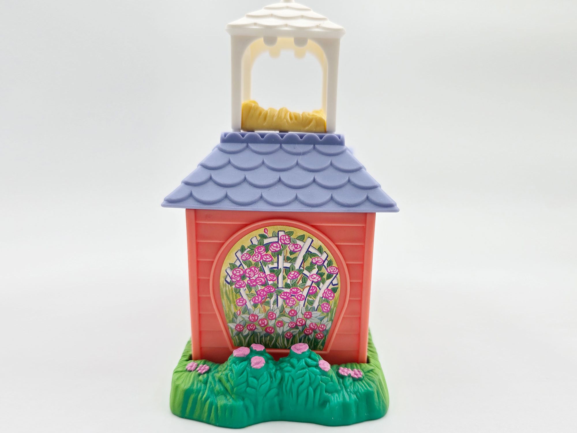 Detailed view of House with roof, birdhouse and grassy platform Garden Tag Friends
