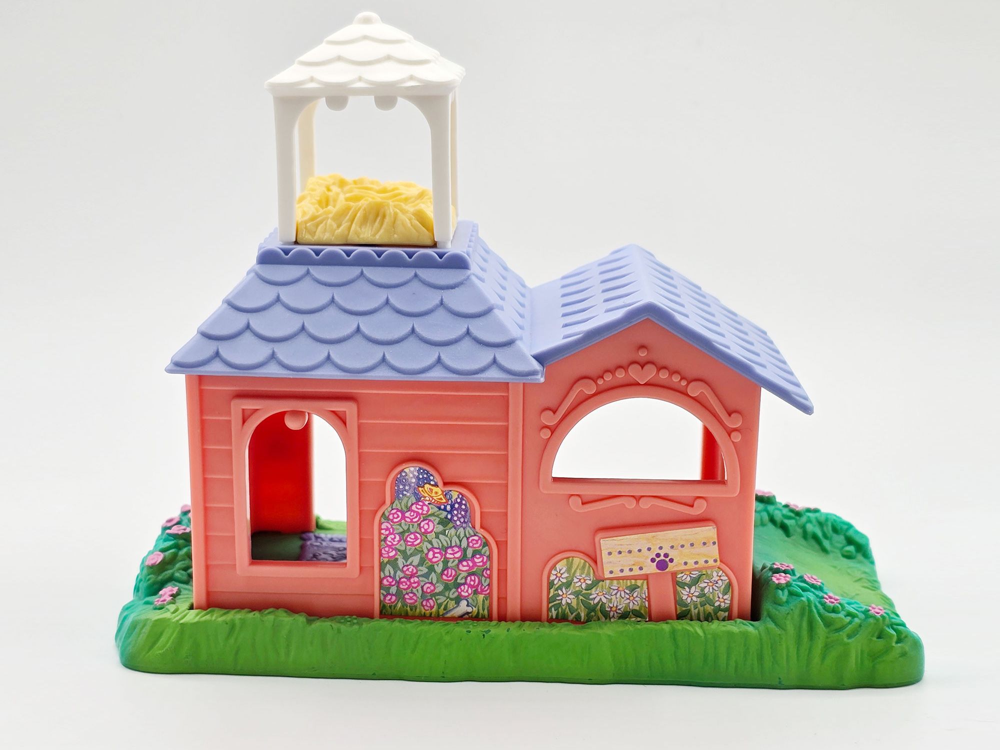 Detailed view of House with roof, birdhouse and grassy platform Garden Tag Friends
