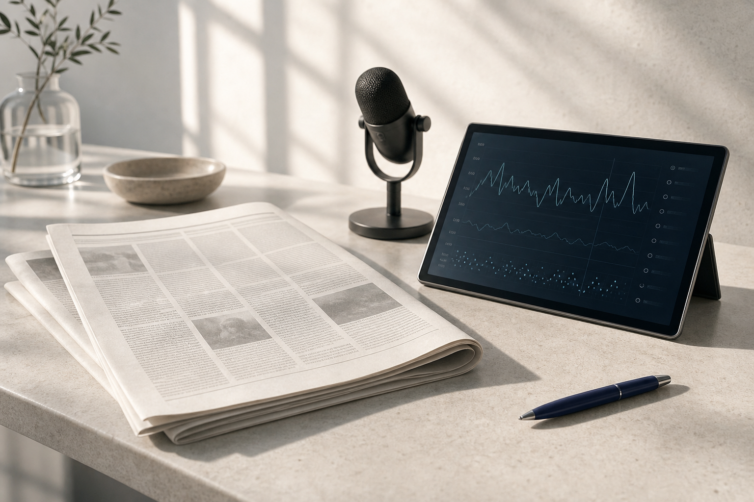 Mesa editorial com jornal, microfone e painel de dados clínicos
