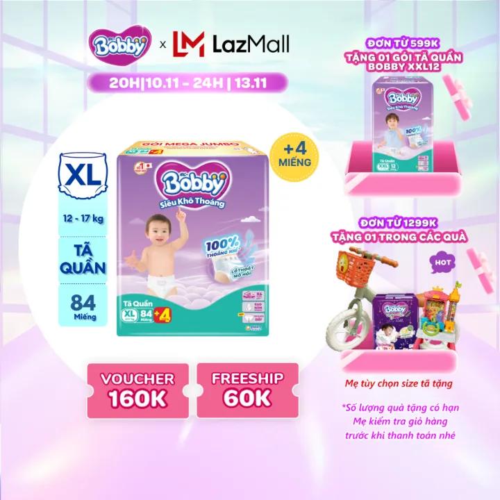 Tã/bỉm quần Bobby 3mm Mega Jumbo Gạo non Giảm nhiệt XL84
