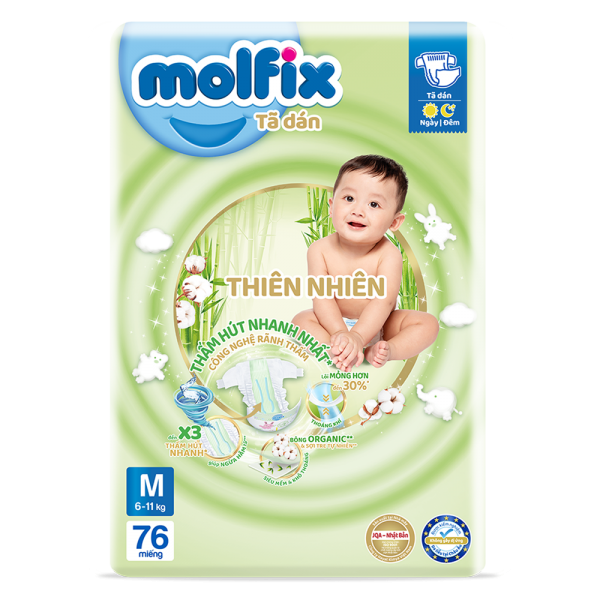 Bỉm tã dán Molfix Thiên Nhiên (M, 6-11kg, 76 miếng) (giao bao bì ngẫu nhiên)