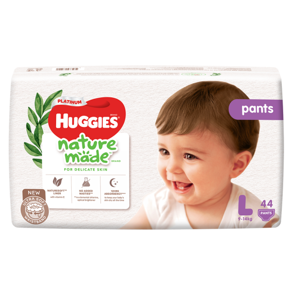 Bỉm tã quần Huggies Platinum Nature Made L size 44 miếng (9-14kg) (giao bao bì ngẫu nhiên)