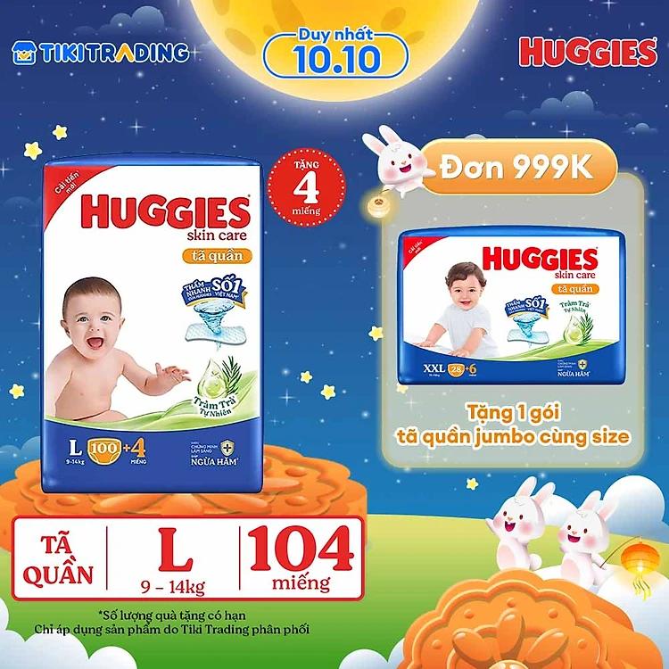 Tã quần Huggies Skin Care Mega Jumbo L100+4 miếng với tràm trà dịu da