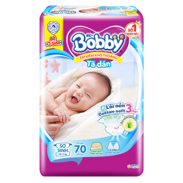 Tã dán Bobby siêu thấm - khô thoáng (Sơ sinh, dưới 5kg, 70 miếng) (giao bao bì ngẫu nhiên)