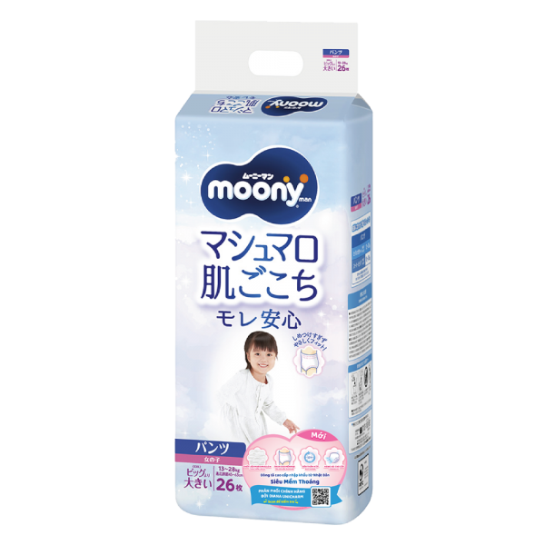 Bỉm tã quần Moony bé gái size XXL 26 miếng (13-28kg)