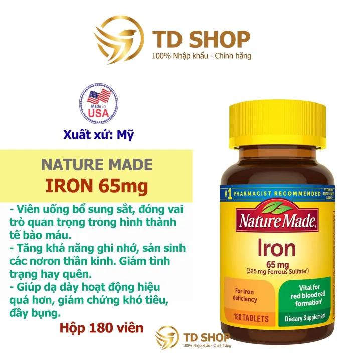 [NK Mỹ] Viên uống Iron 65mg Nature Made 365 viên của Mỹ bổ sung sắt, bổ máu, tăng cường hệ miễn dịch - TD Shop