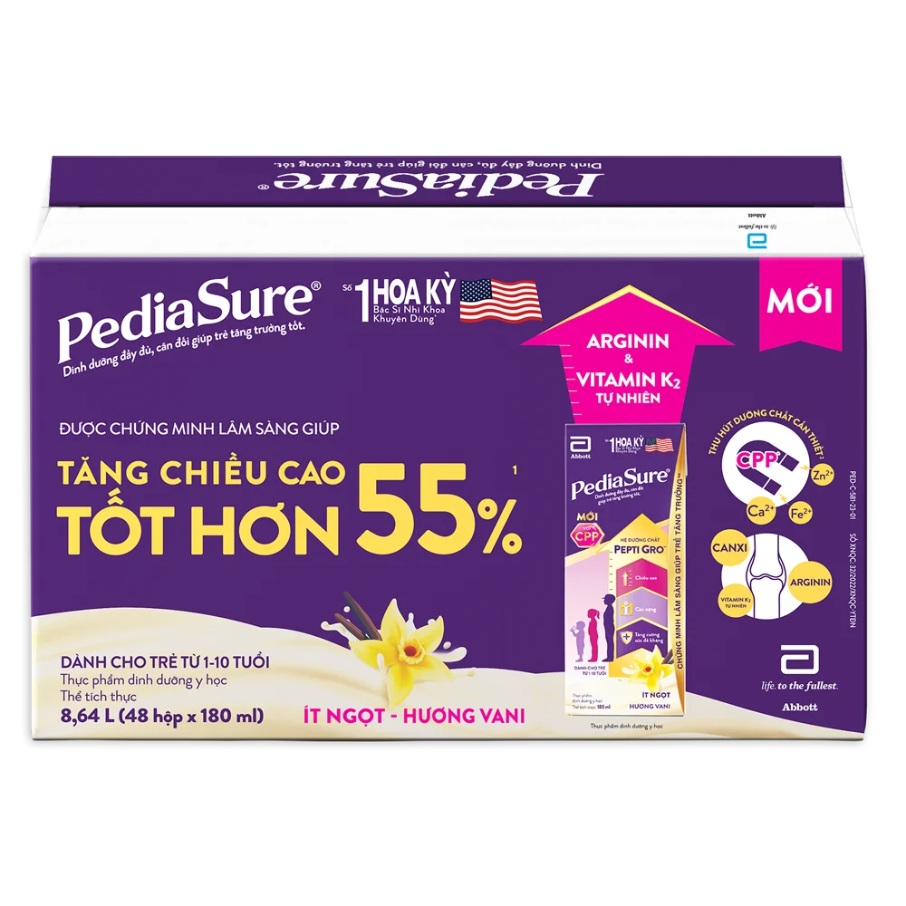 Thùng Thực phẩm dinh dưỡng y học cho trẻ 1-10 tuổi: Pediasure hương vani (180ml) (Lốc 4)