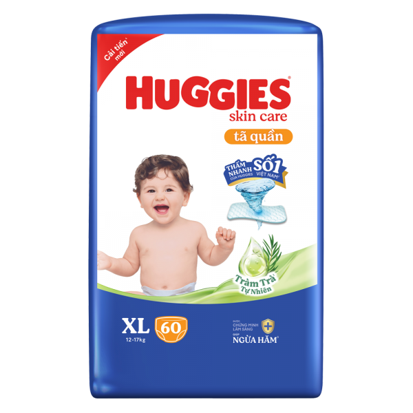 Tã quần Huggies Skincare gói cực đại (XL, 12-17kg, 60 miếng) (giao bao bì ngẫu nhiên)