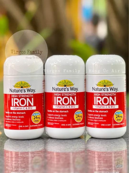 Viên uống bổ sung sắt hữu cơ hàm lượng cao Nature Way Iron + Vitamin C & B12 30 viên