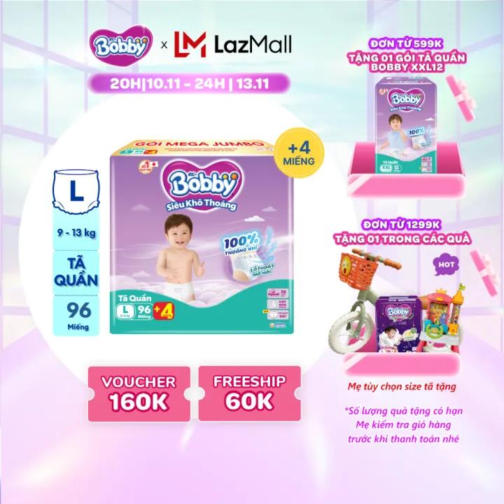 Tã/bỉm quần Bobby 3mm Mega Jumbo Gạo non Giảm nhiệt L96