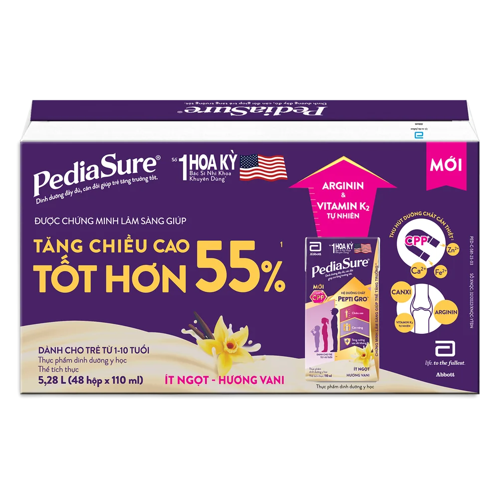 Thùng Thực phẩm dinh dưỡng y học cho trẻ 1-10 tuổi: Pediasure hương vani (110ml) (Lốc 4)