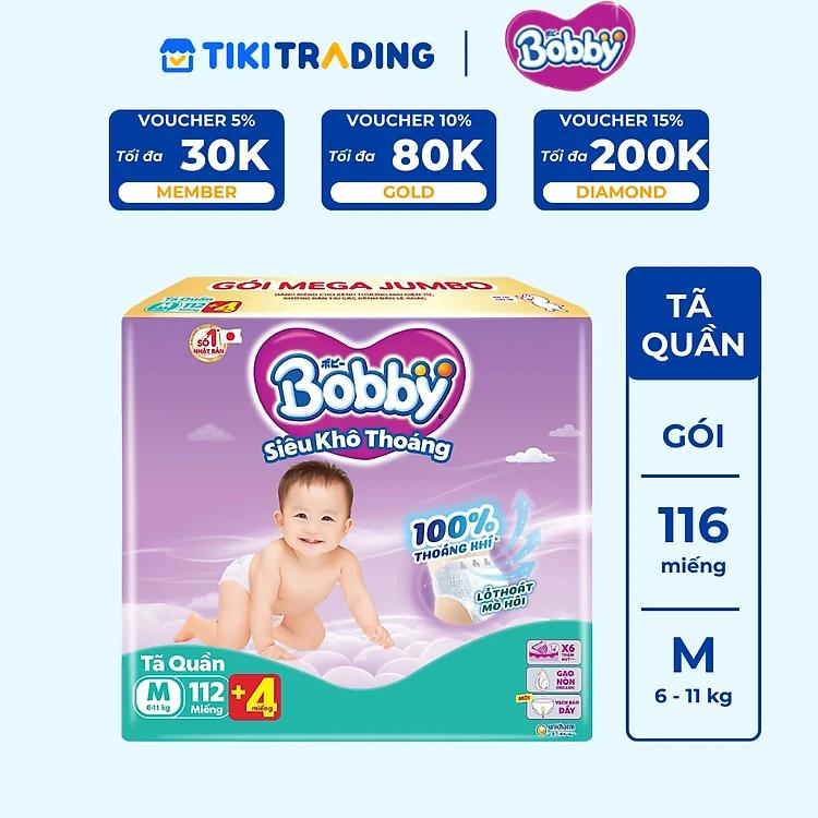 Tã quần Bobby Siêu Khô Thoáng - 100% Thoáng Khí Mega Jumbo M112+4