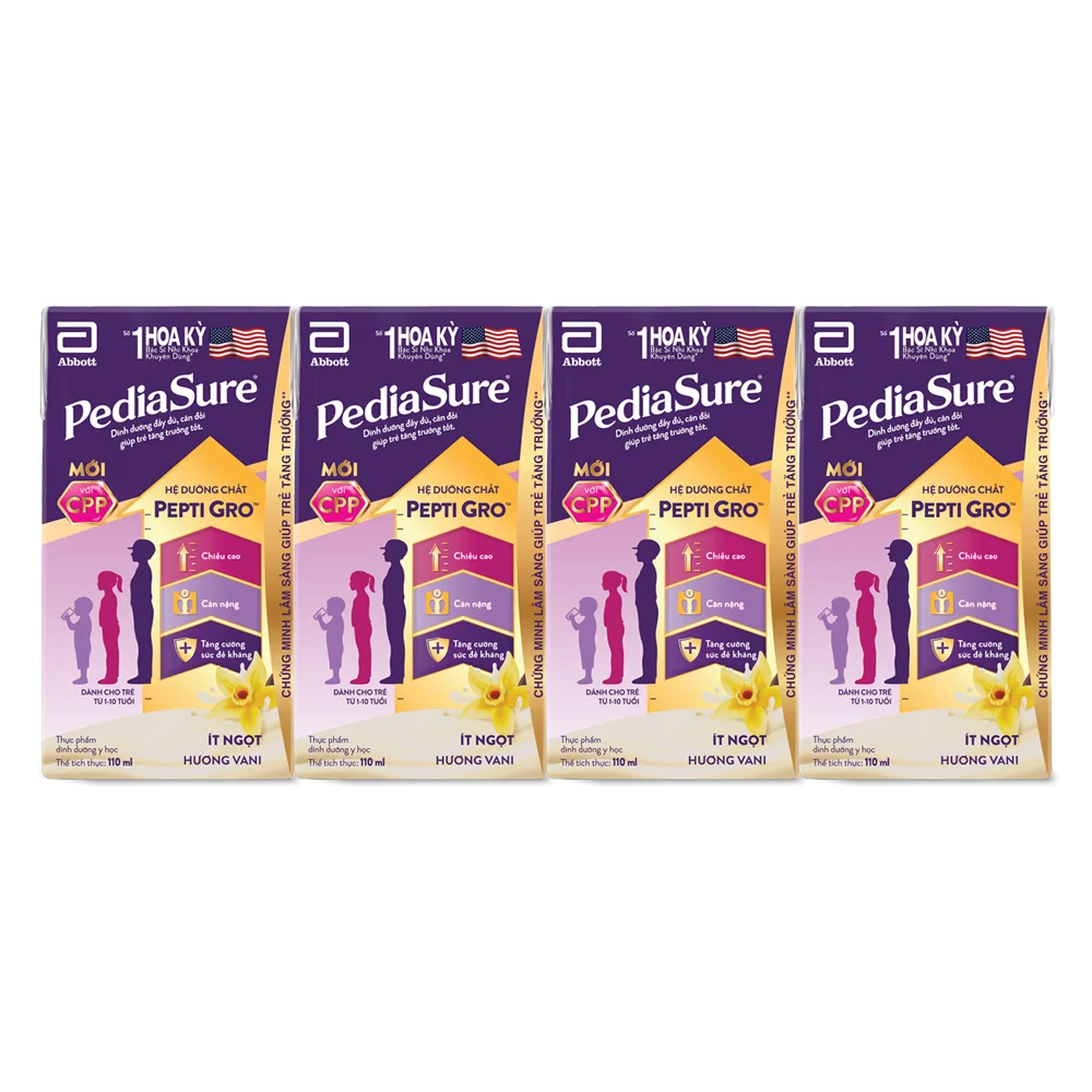 Thực phẩm dinh dưỡng y học cho trẻ 1-10 tuổi: Pediasure hương vani (110ml) (Lốc 4)