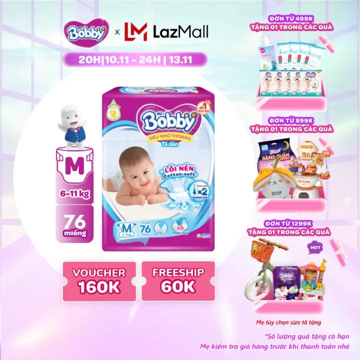 Tã dán Bobby Lõi nén thần kì 3mm Gạo non Giảm nhiệt M76 - 76 miếng