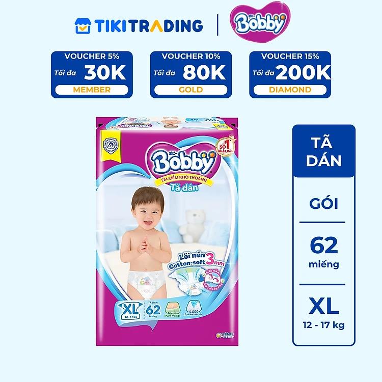 Tã Dán Bobby Siêu Mỏng Thấm Gói Siêu Lớn XL62 (62 Miếng)