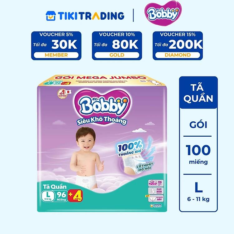Tã quần Bobby Siêu Khô Thoáng - 100% Thoáng Khí Mega Jumbo - L96