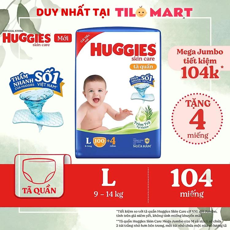 Tã/bỉm quần HUGGIES SKINCARE MEGA JUMBO size L 96+8 miếng