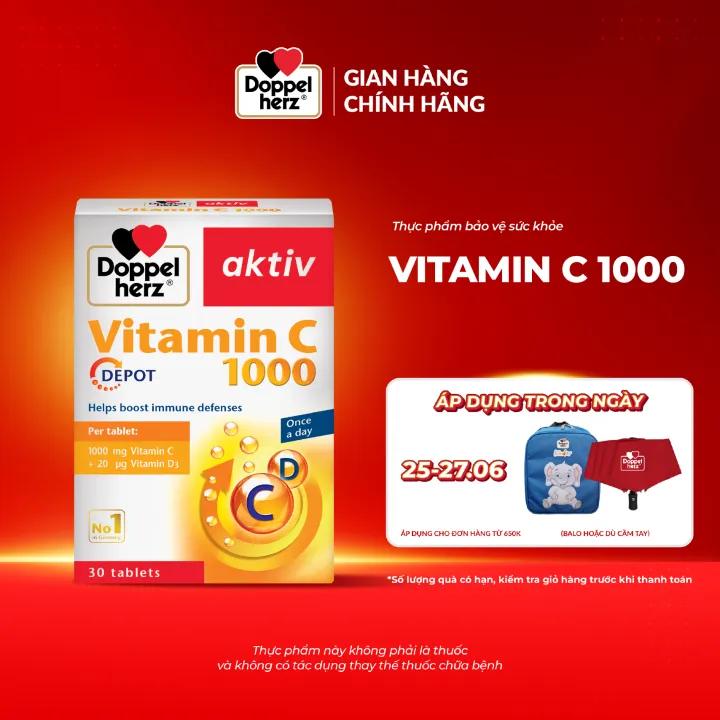 Viên uống bổ sung Vitamin C Doppelherz Vitamin C 1000 hỗ trợ tăng sức đề kháng, sáng da (Hộp 30 viên)