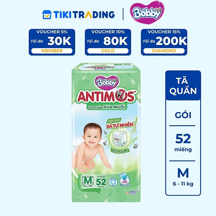 Tã Quần Xua Muỗi Bobby Antimos – Hàng rào Sả tự nhiên Bye Muỗi 8H - Size M 52 miếng