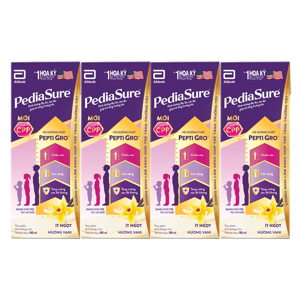 Thực phẩm dinh dưỡng y học cho trẻ 1-10 tuổi: Pediasure hương vani (180ml) (Lốc 4)
