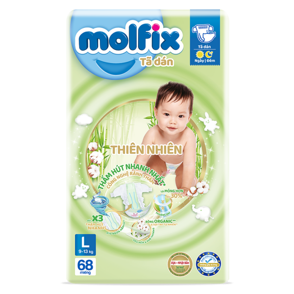 Bỉm tã dán Molfix Thiên Nhiên (L, 9-13kg, 68 miếng) (giao bao bì ngẫu nhiên)