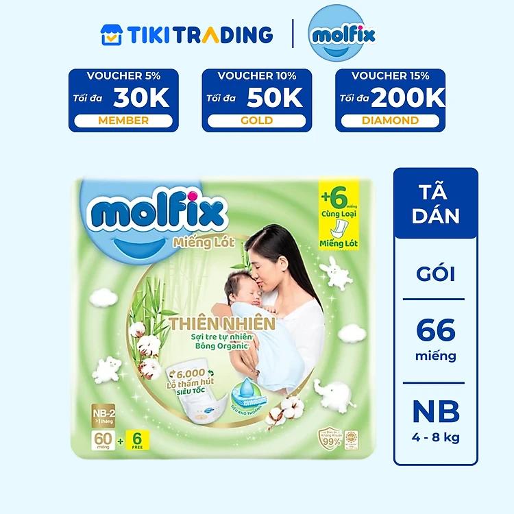 Miếng lót sơ sinh Molfix Thiên nhiên Super Jumbo Newborn 2 (trên 1 tháng tuổi) - Gói 60+6 miếng