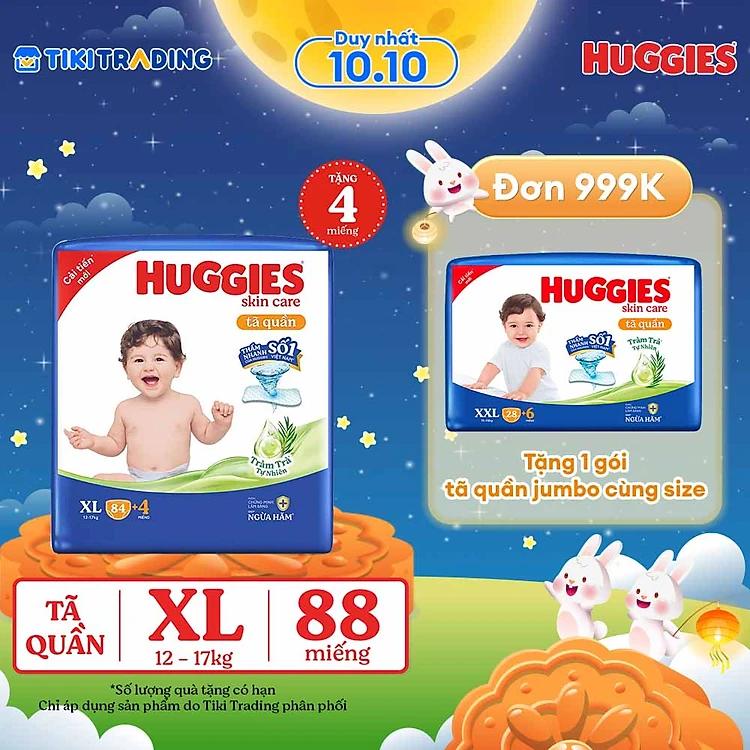Tã/bỉm quần Huggies Skin Care Mega Jumbo XL84+4 miếng với tràm trà dịu da
