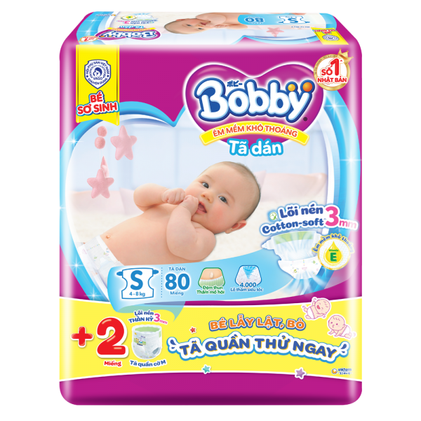 Tã dán Bobby siêu thấm - khô thoáng (S, 4-8kg, 80 miếng) (giao bao bì ngẫu nhiên)
