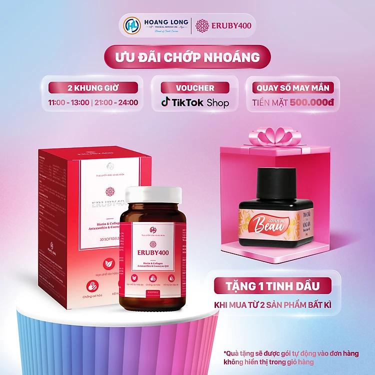 Viên uống bổ sung Vitamin E (400IU) kết hợp cùng với Collagen, Vtamin C, Biotin, Astaxanthin và Coenzym Q10 ERUBY 400  (3 vỉ x 10 viên/hộp)