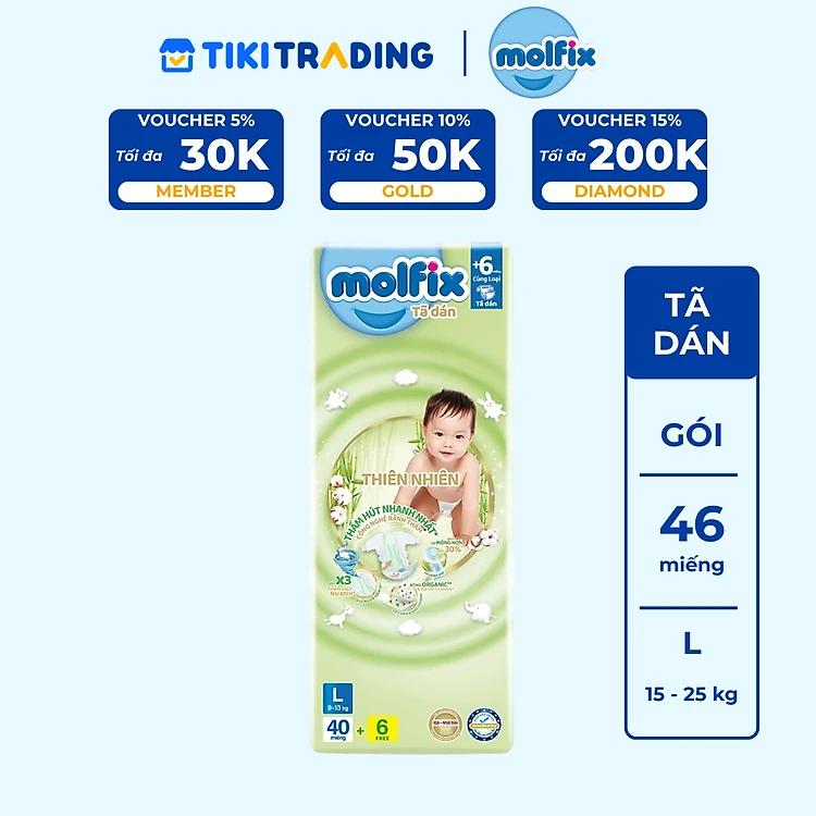 Tã/bỉm dán Molfix Thiên nhiên Jumbo L (9kg - 13kg) - Gói 40+6 miếng