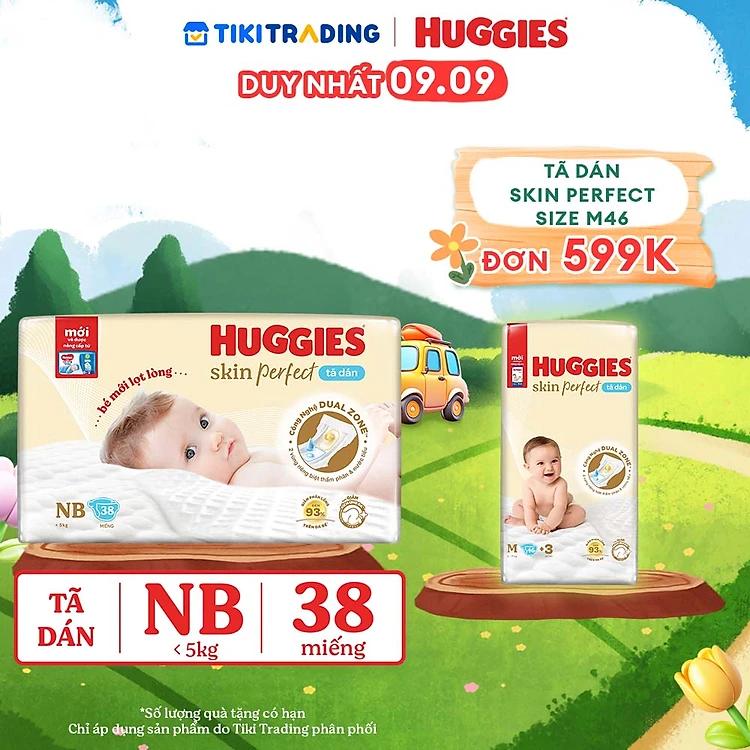 Tã/bỉm dán sơ sinh Huggies Skin Perfect NB 38 miếng với 2 vùng thấm giảm kích ứng da