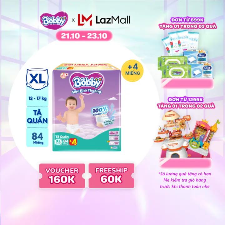 Tã/bỉm quần Bobby 3mm Mega Jumbo Gạo non Giảm nhiệt XL84