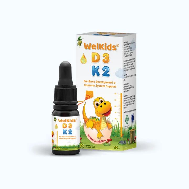 Sản phẩm 100% chính hãng, mẫu mã có thể thay đổi theo lô hàng Dung dịch Welkids K2+D3 hỗ trợ hấp thu canxi cho trẻ (Chai 10ml) Dung dịch Welkids K2+D3 hỗ trợ hấp thu canxi cho trẻ (Chai 10ml)