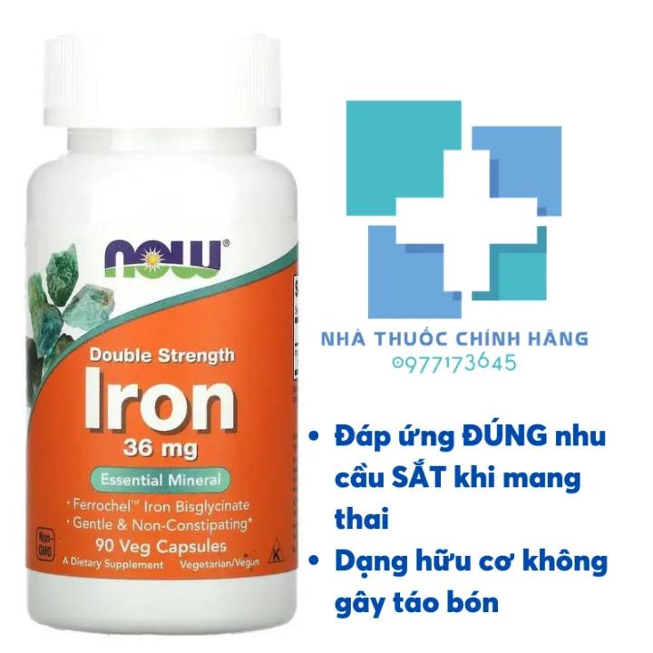 Viên uống NOW Foods Iron 36mg bổ sung sắt hữu cơ cho phụ nữ mang thai mà không gây táo bón