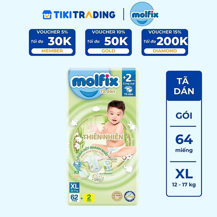 Tã/bỉm dán Molfix Thiên nhiên Super Jumbo XL (12kg - 17kg) - Gói 62+2 miếng