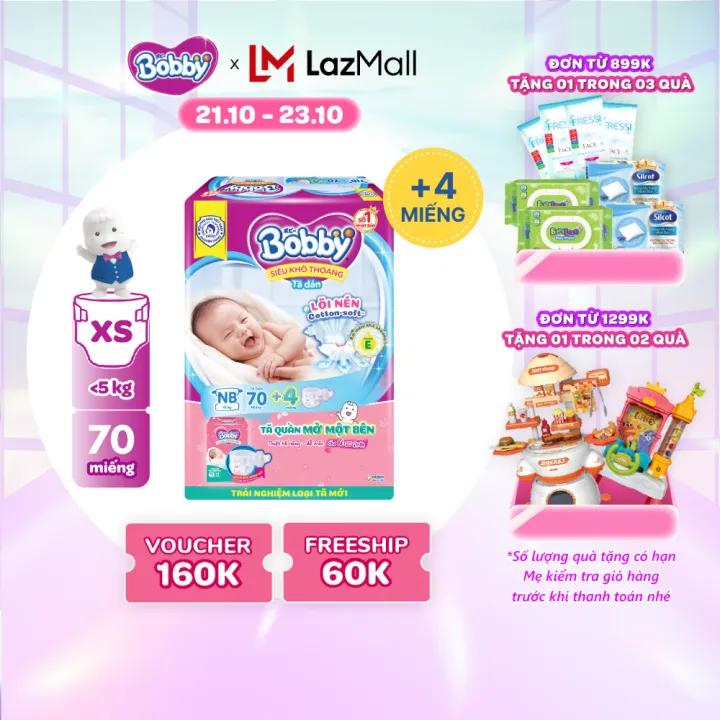 Tã dán Sơ sinh Bobby XS70 mới + tặng kèm 4 miếng tã quần mở một bên size NB/NB-S