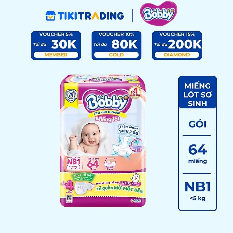 Miếng lót sơ sinh Bobby Newborn 1-64 miếng - Tặng 4 miếng Tã Quần Một Bên NB size S