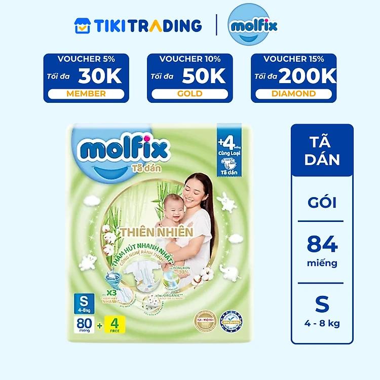 Tã/bỉm dán Molfix Thiên nhiên Super Jumbo S (4kg - 8kg) - Gói 80+4 miếng