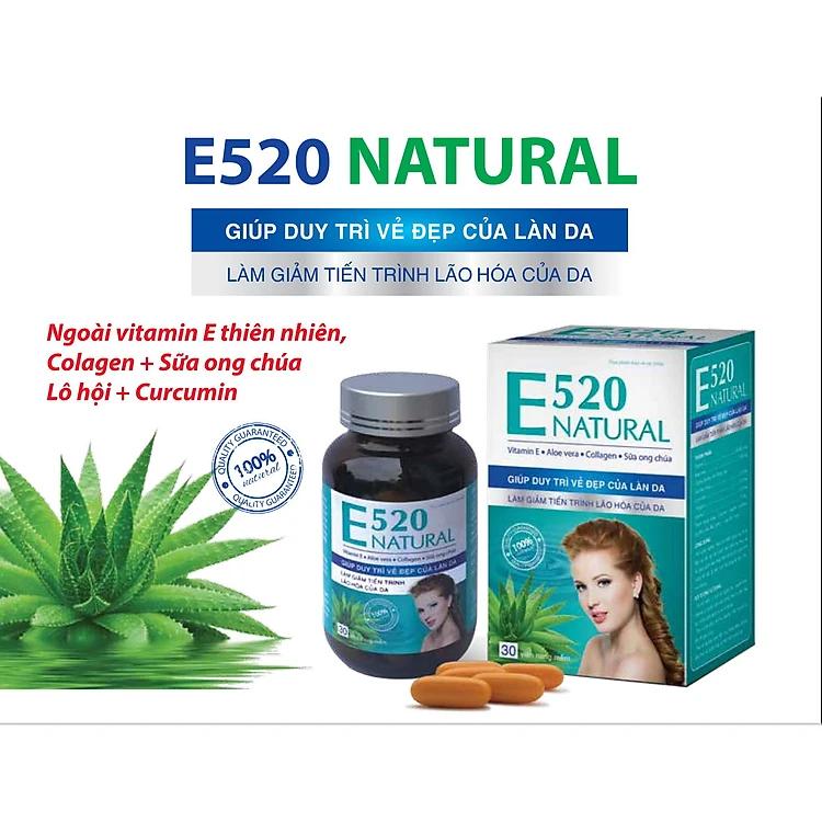 VIÊN UỐNG BỔ SUNG VITAMIN E - ĐẸP DA - MỜ NÁM - SÁNG DA - E520 NATURAL BỔ SUNG VITAMIN E400, COLLAGEN, SỮA ONG CHÚA, NHA ĐAM TỰ NHIÊN - LỌ 30 VIÊN