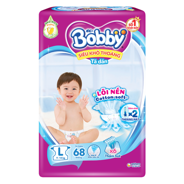 Bỉm tã dán Bobby siêu thấm size L, 68 miếng (9-13kg)