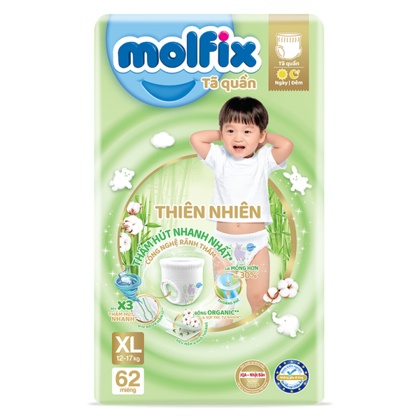 Tã quần Molfix thiên nhiên (XL, 12-17kg, 62 miếng) (giao bao bì ngẫu nhiên)