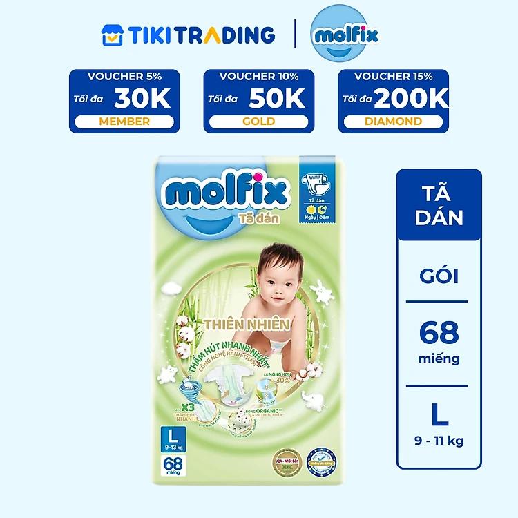 Tã/bỉm dán Molfix Thiên nhiên Super Jumbo L (9kg - 13kg) - Gói 68 miếng