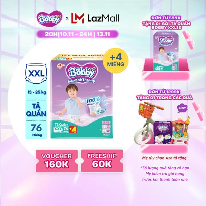 Tã/bỉm quần Bobby 3mm Mega Jumbo Gạo non Giảm nhiệt XXL76