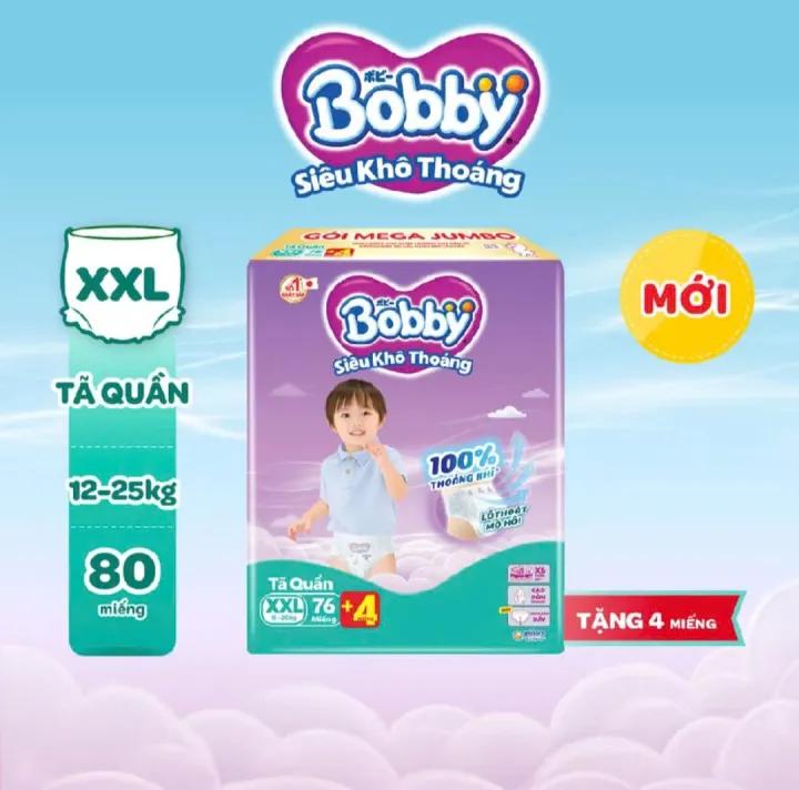 Tã/bỉm quần Bobby Lõi nén thần kỳ 3mm Mega Jumbo Gạo Non XXL76/M112/L96/XL84