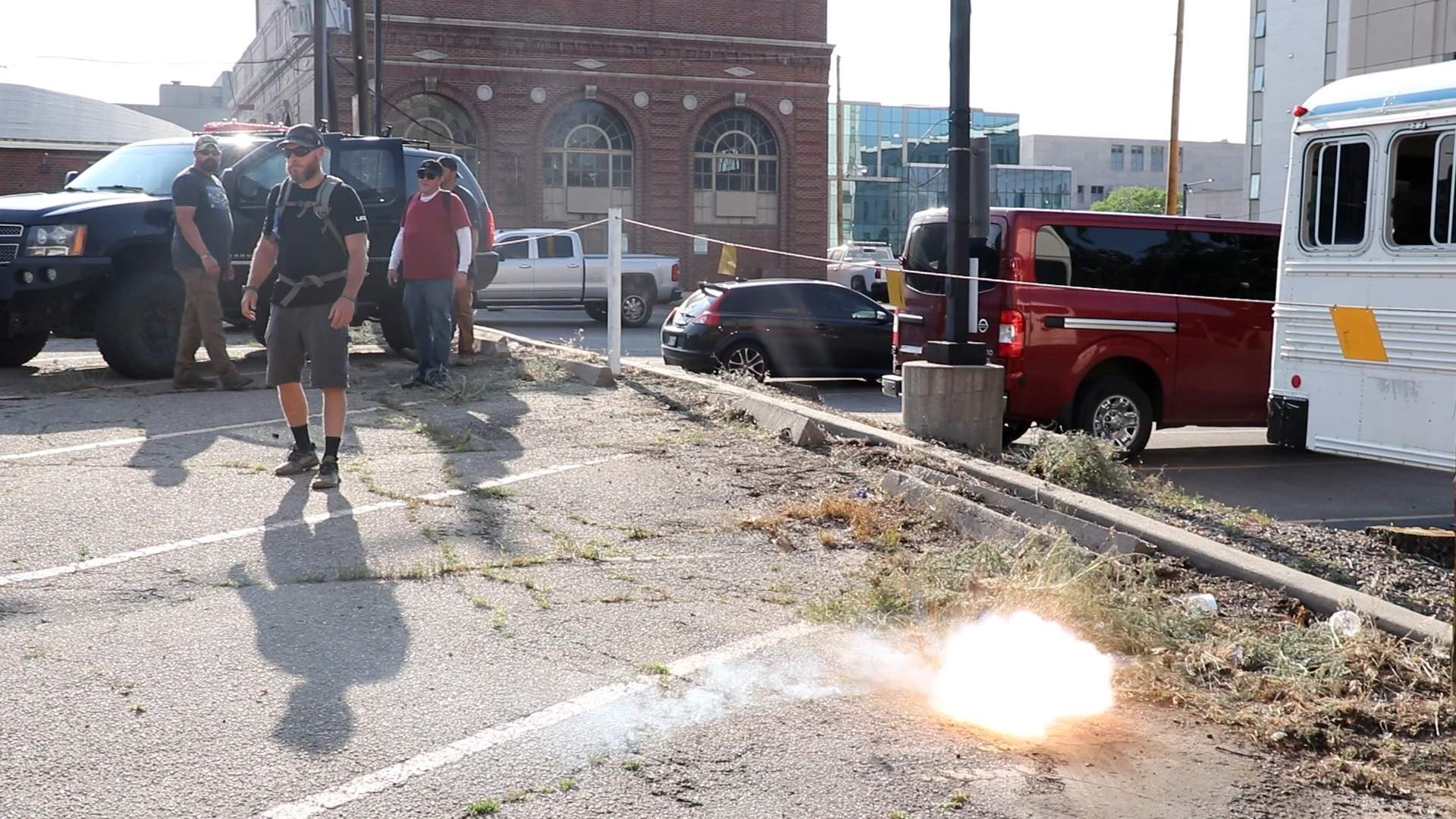 Alt right bootlickers toss flash bang grenade approx. 4ft from me while I am filming & clearly labeled as Press. 