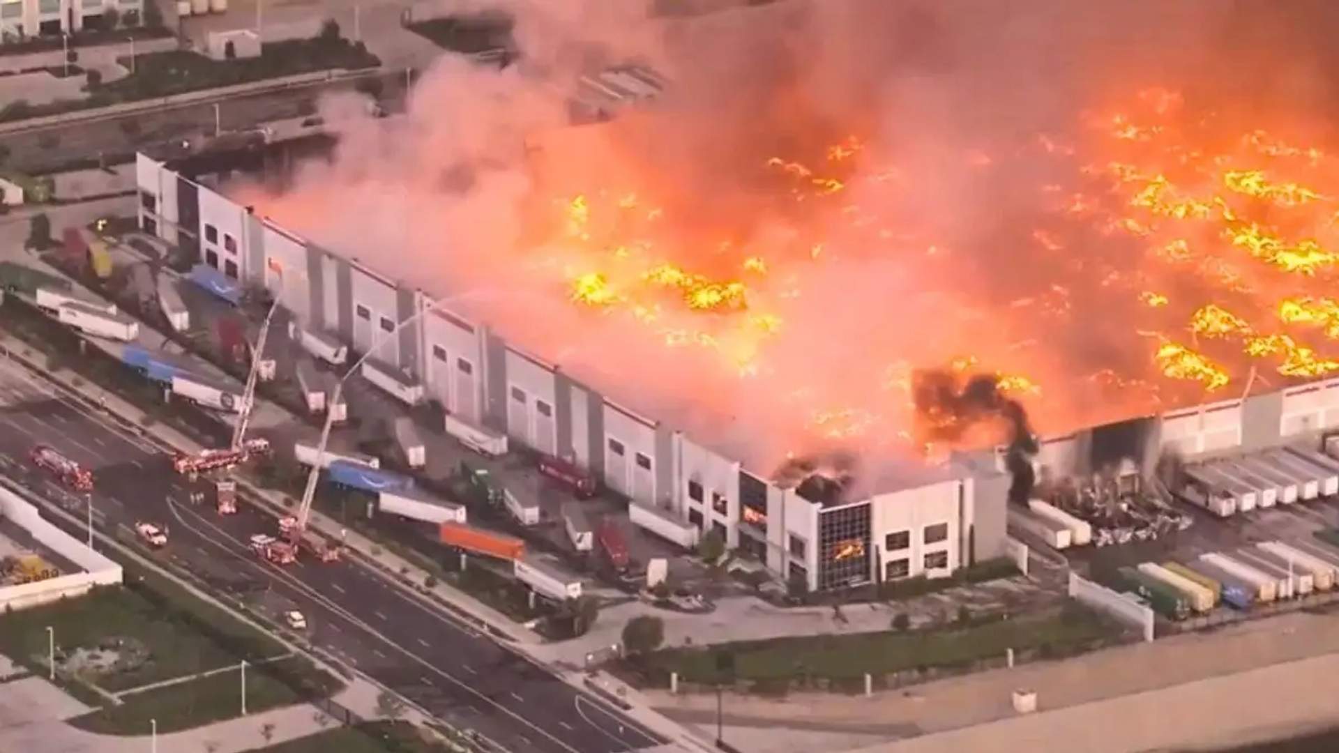 Aerial shot of Kimbery-Clark warehouse ablaze.