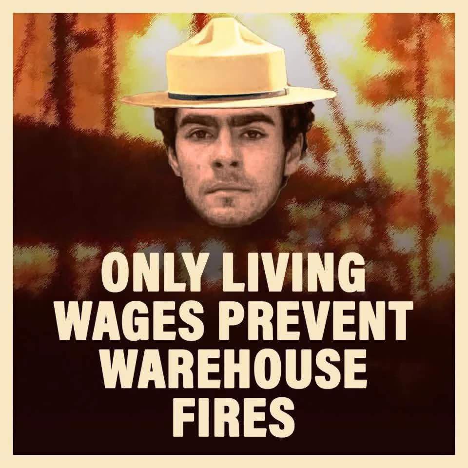 "Only living wages prevent warehouse fires" Meme featuring a ranger hat wearing Luigi