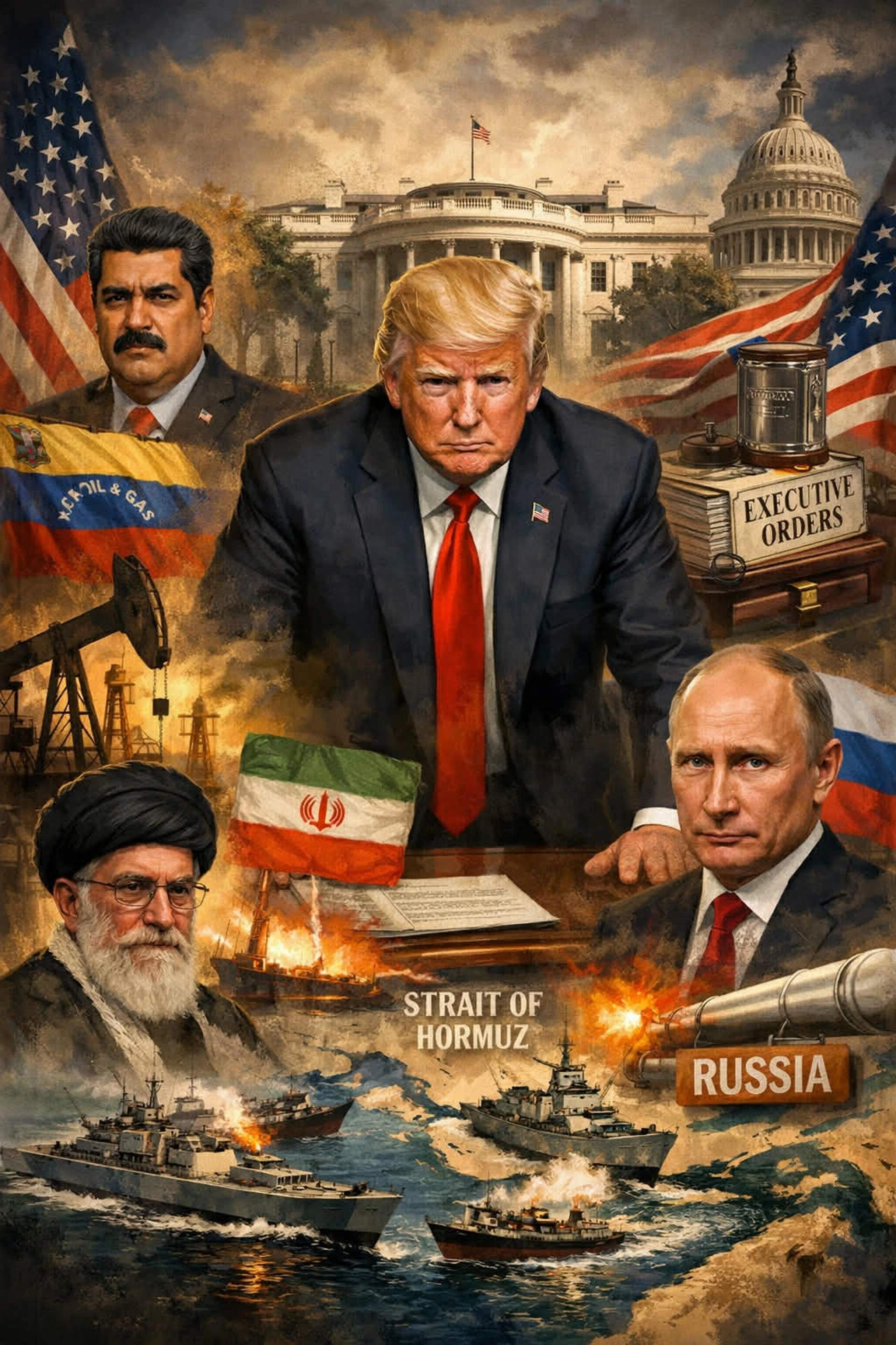 Trump Putin Maduro and Khamenei, over a background of their respective war fronts