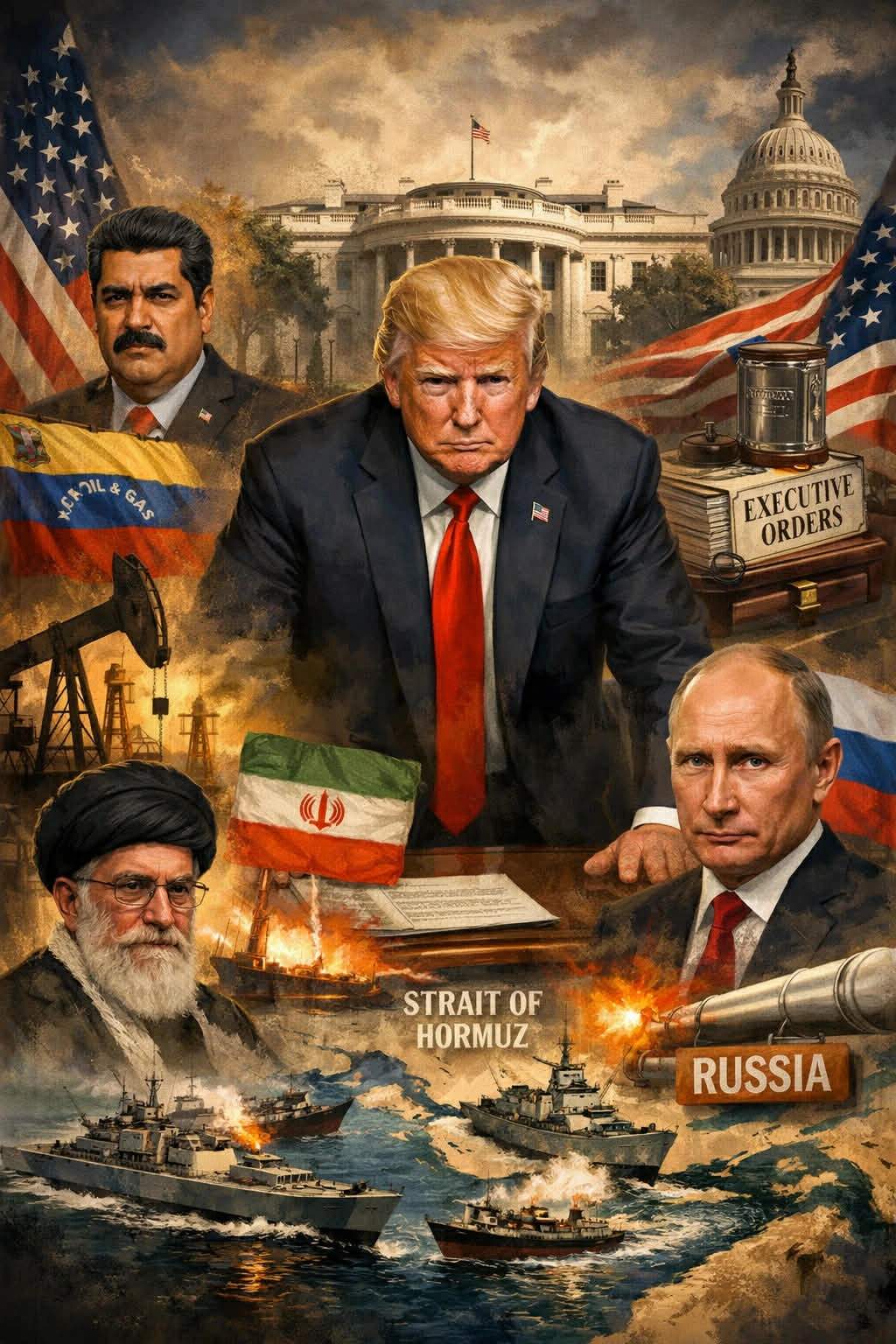 Trump Putin Maduro and Khamenei, over a background of their respective war fronts